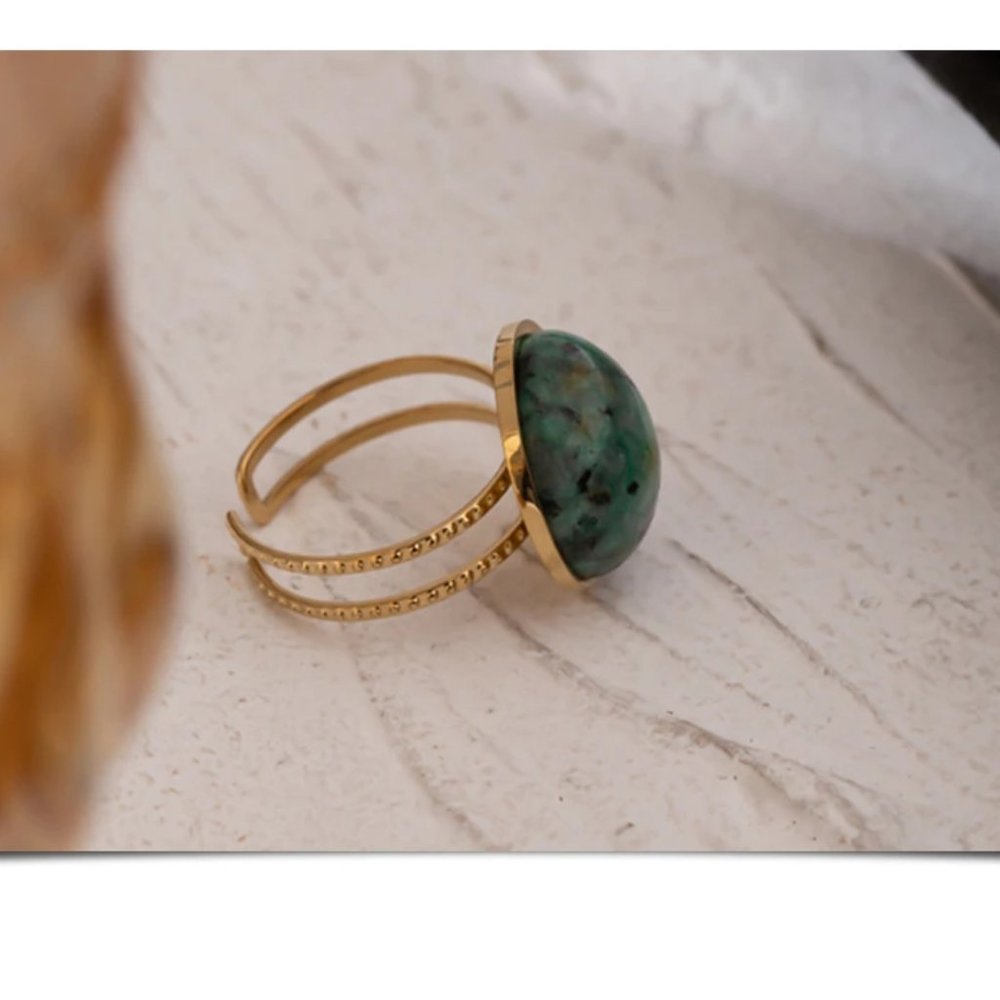 New 18K Gold Plated Green Round Natural Stone Resizable Ring - Picture 6 of 6